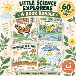 以下が含まれることがあります： Little Science Explorersというタイトルの4冊セットで、60ページの印刷可能な教材です。蝶やカエルのライフサイクル、植物の成長、天候に関するアクティビティブックが含まれており、それぞれイラストと名前を記入するスペースがあります。