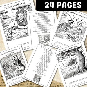 May include: A 24-page collection of black and white printable coloring sheets featuring classic fables. Each page includes detailed line art illustrations of animals like lions, rats, ants, and grasshoppers, accompanied by written stories and questions.