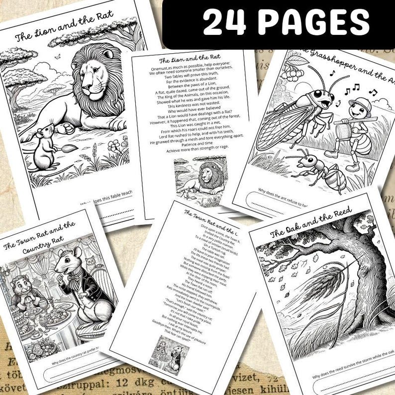 May include: A 24-page collection of black and white printable coloring sheets featuring classic fables. Each page includes detailed line art illustrations of animals like lions, rats, ants, and grasshoppers, accompanied by written stories and questions.