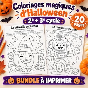 Puede incluir: Un paquete de 20 páginas de actividades de colorear de Halloween para imprimir, con dos hojas tituladas La citrouille enchantée y La citrouille astronaute. Cada página contiene dibujos en blanco y negro con problemas matemáticos.