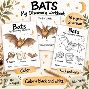 以下が含まれることがあります： 16ページのBats My Discoveryワークブックセット。カラーと白黒の2バージョン。表紙にはコウモリのイラスト、虫眼鏡、ノート、そして「I Observe, I Learn, I Create」というテキストが記載されています。英語のPDFが含まれています。