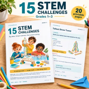 May include: A 15 STEM Challenges activity book for grades 1-3 featuring a cover with three children building structures and a boat, alongside an open page detailing a Tallest Straw Tower challenge with a 1-meter material limit requirement.