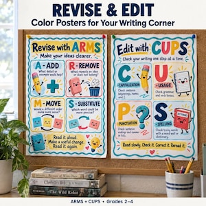 May include: Two educational posters titled Revise & Edit Color Posters for Your Writing Corner. The left poster explains the ARMS method with illustrations of a pencil, eraser, and paper. The right poster details the CUPS method with a pencil, notebook, question mark, and dictionary character.