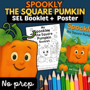 以下が含まれることがあります： Spookley the Square PumpkinのSELブックレットとポスターのセット。大きなオレンジ色の四角いカボチャのキャラクター、白黒の塗り絵ページ、カラフルな本の表紙、そして濃い青色の背景に並んだ色鉛筆が描かれています。