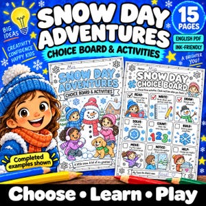 Puede incluir: Un paquete de actividades digitales titulado Snow Day Adventures con 15 páginas de tableros de opciones y ejercicios. La portada muestra a un niño de dibujos animados con gorro azul y bufanda naranja junto a un muñeco de nieve.