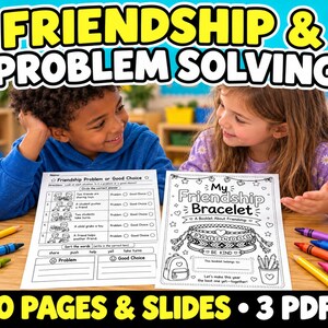 Könnte beinhalten: Pädagogische Arbeitsblätter mit den Titeln Friendship Problem or Good Choice und My Friendship Bracelet mit schwarz-weißen Strichzeichnungen, Text und ausfüllbaren Abschnitten, umgeben von bunten Buntstiften auf einer Holzoberfläche.