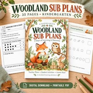 May include: A 35-page kindergarten educational packet titled Woodland Sub Plans. The cover features a fox reading a book, an owl, and a rabbit. Includes worksheets for story counting and forest patterns, teacher plans, student activities, and answer keys.