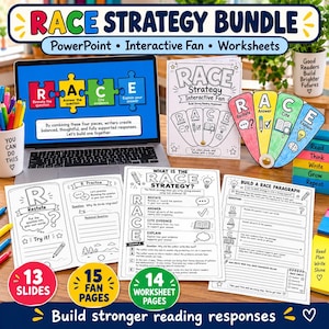May include: A RACE strategy educational bundle featuring a laptop displaying a puzzle piece graphic, a black and white interactive fan, and three worksheets. The materials include text explaining the Restate, Answer, Cite, and Explain method for writing responses, with colorful accents and instructional icons.