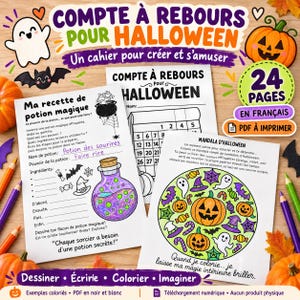Può includere: Un libro di attività stampabile di 24 pagine per il conto alla rovescia di Halloween in francese, che include una scheda per la ricetta di una pozione magica, un calendario e una pagina da colorare con mandala, fantasmi e zucche.