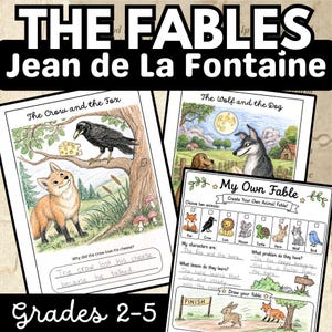 Peut inclure: Fiches d'activités éducatives intitulées THE FABLES Jean de La Fontaine pour les niveaux 2-5. Comprend des illustrations du Corbeau et le Renard, du Loup et le Chien, et une fiche My Own Fable avec des icônes d'animaux et des espaces écrits.