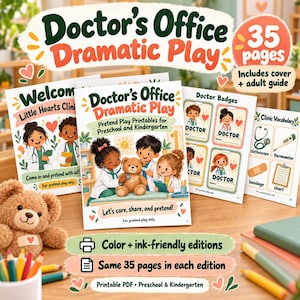 May include: A 35-page Doctor's Office Dramatic Play printable set for preschool and kindergarten. Includes cover, adult guide, doctor badges, and clinic vocabulary sheets featuring illustrations of children as doctors and a teddy bear patient.
