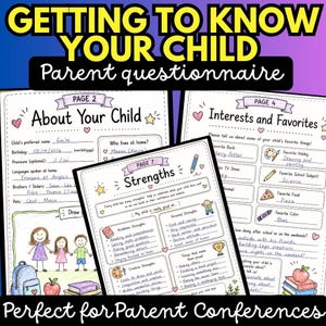 Może przedstawiać: Wielostronicowy kwestionariusz dla rodziców zatytułowany Getting to Know Your Child, zawierający sekcje dotyczące dziecka, mocnych stron oraz zainteresowań. Drukowane formularze zawierają odręczne ilustracje i tekst.