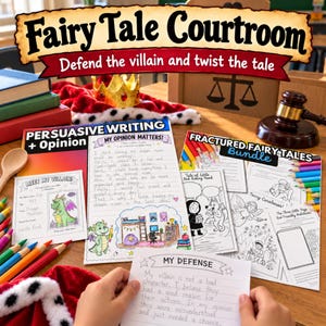 May include: A Fairy Tale Courtroom educational activity set featuring printed worksheets, a wooden gavel, a gold crown with red gems, and colored pencils. The papers include titles like Persuasive Writing, My Opinion Matters, and My Defense, with illustrations of a dragon and fairy tale characters.