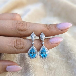 Pear Cut Blue Topaz Drop Earrings, Silver Wedding Jewelry for Bride, Something Blue Teardrop Dangle Earrings, Halo Statement Bridal Earrings