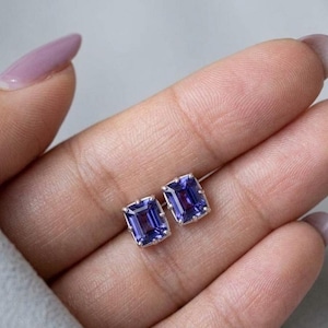 Tanzanite Stud Earrings, Sterling Silver Emerald Cut Gemstone Studs, December Birthstone Jewelry, Minimalist Dainty Earring Gift For Her