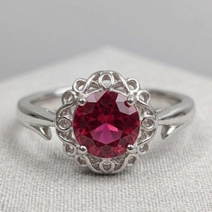 Anillo de rubí vintage de plata de ley, anillo solitario de piedra preciosa roja, anillo de compromiso de rubí floral, anillo de plata hecho a mano, joyería delicada de rubí