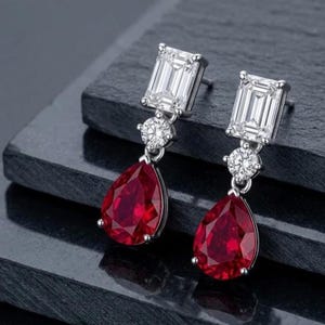 Red Ruby Pear Dangle Earrings in 925 Sterling Silver, Emerald Cut & Round CZ Accent Earrings, July Birthstone Gift for Her