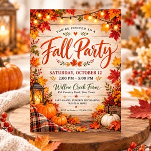 May include: A rectangular invitation card featuring a rustic wood background with string lights and autumn leaves. Text reads: You're invited to a Fall Party, Saturday, October 12, 2:00 PM - 5:00 PM, Willow Creek Farm, 456 Country Road, Your Town.