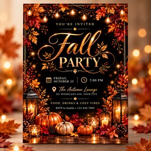 May include: A black invitation card for a Fall Party featuring gold text, string lights, autumn leaves, pumpkins, and lanterns. The text includes date, time, location, and RSVP details. The design is framed by foliage and warm glowing lights.