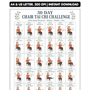 May include: A 30-day chair Tai Chi challenge chart featuring a grid of illustrations showing a person in a red shirt and dark pants performing various seated movements on a chair, with text labels for each day and specific repetition counts.