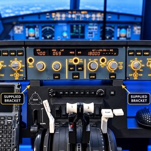 May include: A flight simulator cockpit control panel featuring a central FCU, EFIS, and MCDU unit with illuminated orange displays, black knobs, and white throttle levers. Two black mounting brackets are attached to the sides of the unit.