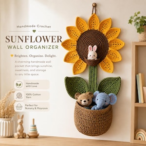 Padrão de crochê em PDF para organizador de parede de girassol | Cesto suspenso com amigurumi de coelho, urso e elefante | Nível intermediário | 68 cm de decoração de parede