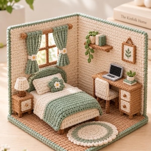 May include: A miniature bedroom diorama crafted from crochet, featuring a bed with a green blanket, a nightstand with a lamp, a desk with a laptop, a chair, a round rug, and wall decor including a window with green curtains and a framed plant art.
