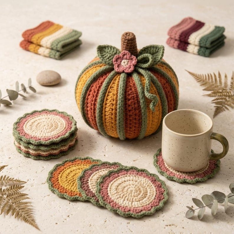 May include: A crocheted pumpkin in shades of orange, yellow, and green with a small pink flower on top, accompanied by several round crocheted coasters with scalloped edges and two stacks of folded rectangular crocheted cloths in autumn colors.