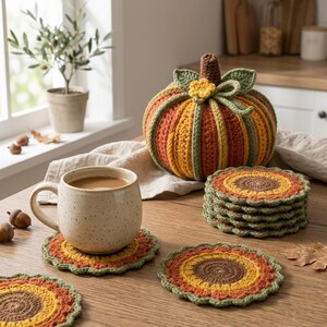 May include: A crocheted pumpkin in orange, yellow, and green with a small yellow flower on top, accompanied by a set of matching round crocheted coasters in brown, yellow, and green, and a speckled ceramic mug filled with a light brown beverage.