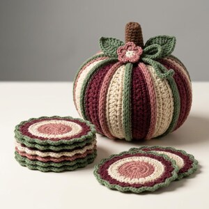 May include: A crocheted pumpkin in shades of burgundy, cream, and sage green, topped with a brown stem, green leaves, and a small flower. Beside it sits a stack of matching round crocheted coasters with scalloped edges in the same color palette.