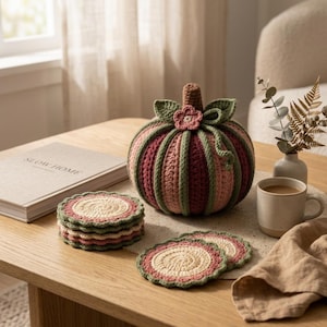 May include: A crocheted pumpkin in shades of pink, burgundy, and sage green with a brown stem and a small flower accent, accompanied by a stack of five round crocheted coasters and two additional matching coasters with scalloped green edges.