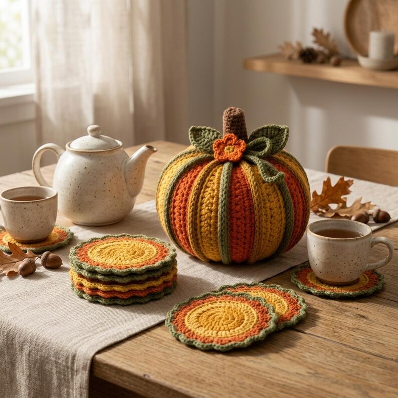 May include: A crocheted pumpkin with orange, yellow, and green vertical stripes, topped with a brown stem, green leaves, and an orange flower. The set includes a stack of round, multi-colored crocheted coasters with scalloped green edges.