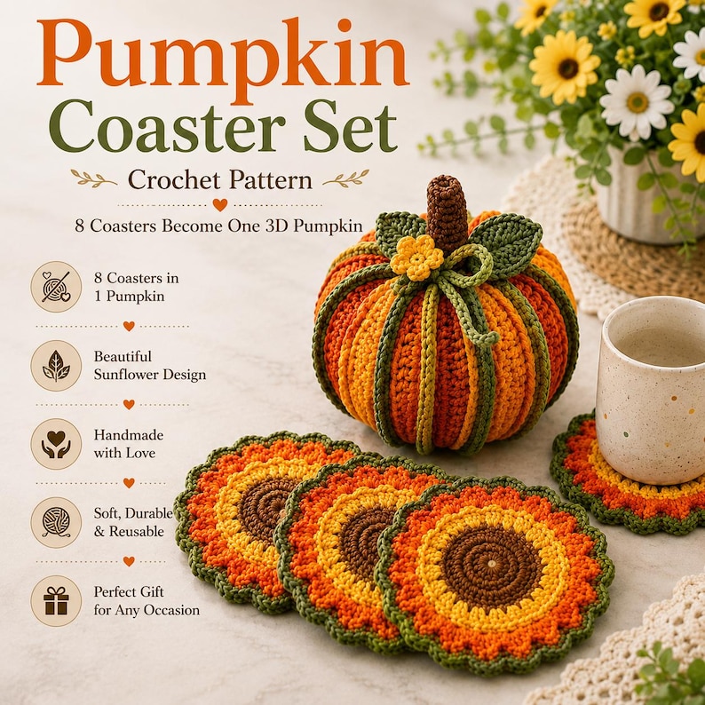 May include: A crochet pattern for a pumpkin coaster set featuring text that reads Pumpkin Coaster Set Crochet Pattern. The image displays a 3D pumpkin made from stacked orange, yellow, and green coasters, alongside individual sunflower-shaped coasters.