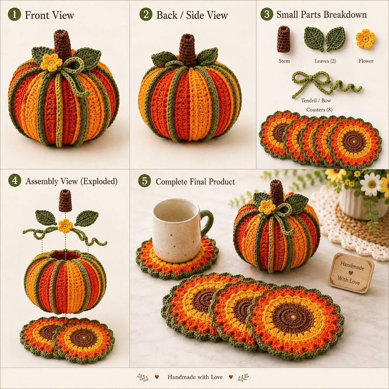 May include: A crochet pumpkin set featuring a stuffed orange and green pumpkin with a brown stem, green leaves, a yellow flower, and a curly tendril. The set includes eight round, sunflower-patterned coasters in shades of brown, orange, and yellow.