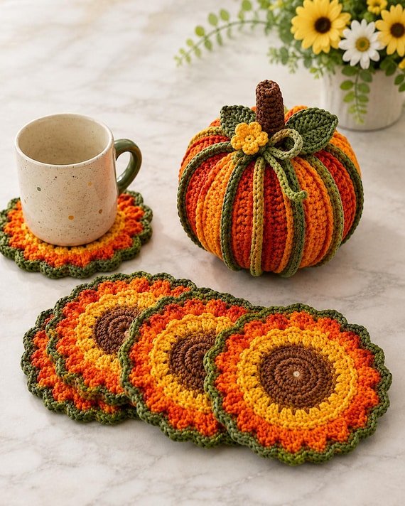 Pumpkin Coaster Set Crochet Pattern, 8 Coasters Become 3D Pumpkin, Intermediate PDF Download, Fall Autumn Decor