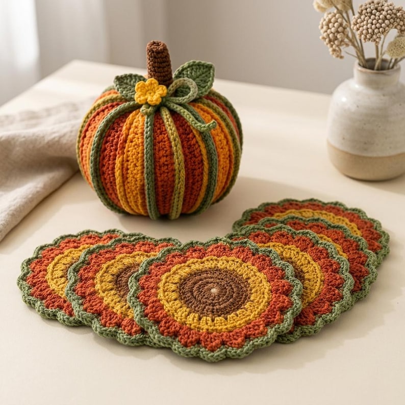 May include: A crocheted pumpkin with orange and green vertical stripes, a brown stem, and a small yellow flower accent, accompanied by a set of four round, scalloped-edge crocheted coasters featuring concentric rings of brown, yellow, orange, and green.