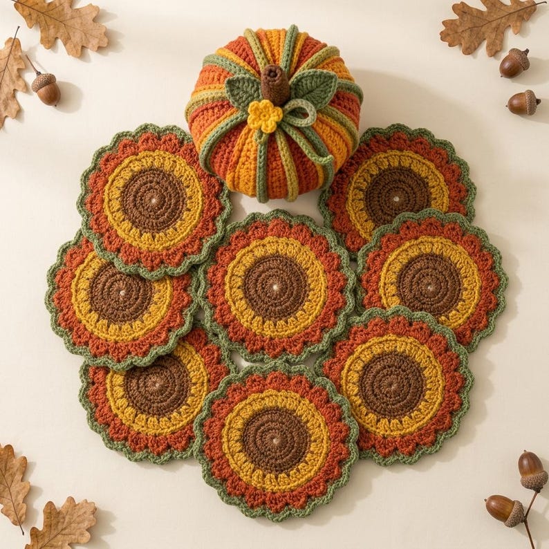 May include: A crocheted pumpkin with green leaves and a yellow flower, surrounded by eight round crocheted sunflower coasters. The pumpkin features orange and yellow vertical stripes, while the coasters have brown centers with yellow and green scalloped edges.