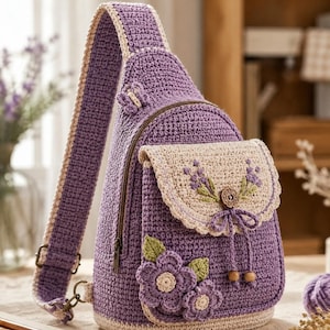 May include: A purple crochet sling backpack featuring a cream-colored front flap with embroidered lavender sprigs and a central wooden button. The bag is adorned with two large purple crochet flowers with green leaves and a small butterfly accent.
