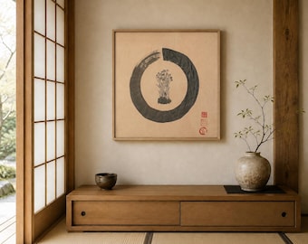 Pintura original de setas Enoki Ensō / Arte japonés con tinta de 18x18 pulgadas / Colección Quietud n.° 3 de 7 / Arte mural de hongos Zen