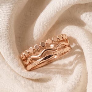 Stackable Rose Gold 3 Rings Set, Minimalist Wavy Gold Band, Beaded Band, Handmade 925 Sterling Silver Jewelry, Wedding Band, Bridesmaid Gift