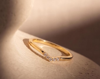 14K Gold Plated V Ring, Diamond Chevron Ring, Curved Wedding Band, Dainty Stacking Ring, Wishbone Ring, 925 Sterling Silver, Bridesmaid Gift