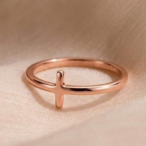 14K Rose Gold Cross Ring, 925 Sterling Silver Faith Ring, Dainty Christian Ring, Minimalist Stackable Ring, Religious Jewelry, Gift for Her