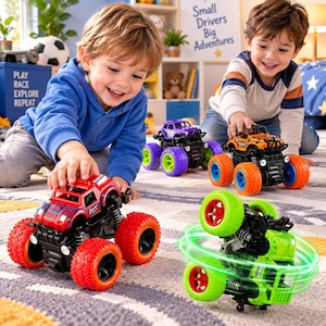 May include: Four toy monster trucks with oversized treaded tires in red, purple, orange, and green. The red truck is in the foreground, while the green truck is captured in a spinning motion. Each vehicle features a black chassis and suspension.