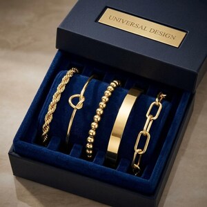 May include: A set of five gold-toned bracelets displayed in a navy blue velvet-lined box with the text UNIVERSAL DESIGN on the lid. The collection includes a rope chain, a knot bangle, a beaded bracelet, a smooth flat cuff, and a link chain bracelet.