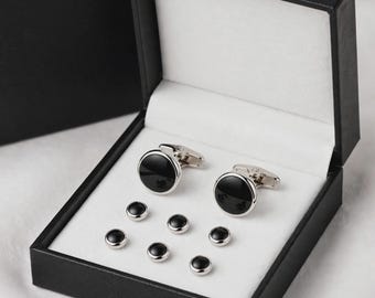 GIEVES & HAWKES カフス＆スタッドボタンセット オニキス✨未使用✨ オニキス タキシード カフスボタン & スタッドセット、シルバートーン