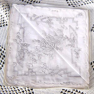 Beautiful Pair of White Floral Hand Embroidery and Drawnwork Hankies in original box