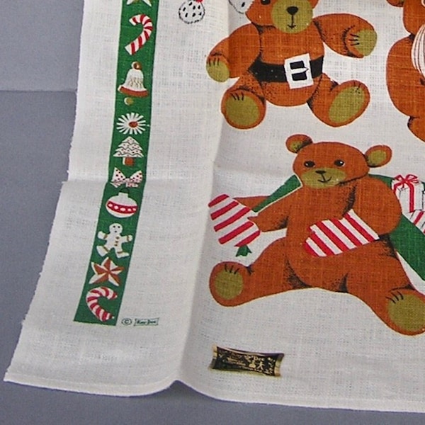 Vintage Christmas Teddy Bear Santas Tea Towel . designer Lois Long . Kay Dee  . The Dowry Collection .  #2