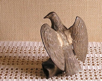 Vintage Brass Eagle Perched on a Hollow Log . Metal Bird Figurine