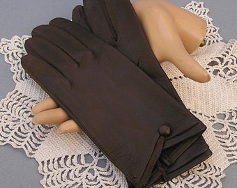 Vintage Brown Leather Gloves with Button and Fringe Detail