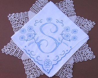 Bride's Wedding Hanky . Monogram S . Vintage Handkerchief . Floral . Blue & White  Embroidery